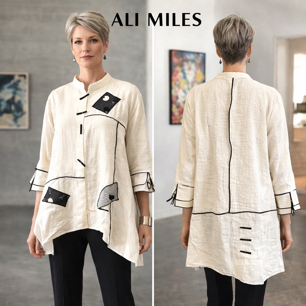 Ali Miles,Art To Wear,Asymmetric Tunic Top Cream Black Contrast Appliqué Size L